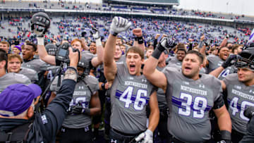EVANSTON, IL - OCTOBER 27: The Northwestern Wildcats celebrate after a college football game between the Wisconsin Badgers and the Northwestern Wildcats on October 27, 2018, at Ryan Field in Evanston, IL. Northwestern won 31-17. (Photo by Daniel Bartel/Icon Sportswire via Getty Images)