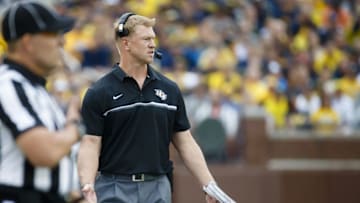 Sep 10, 2016; Ann Arbor, MI, USA; UCF Knights head coach Scott Frost on the sideline in the first quarter against the Michigan Wolverines at Michigan Stadium. Mandatory Credit: Rick Osentoski-USA TODAY Sports