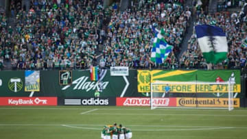 May 2, 2015; Portland, OR, USA; Portland Timbers huddle before playing Vancouver Whitecaps FC at Providence Park. Mandatory Credit: Jaime Valdez-USA TODAY Sports