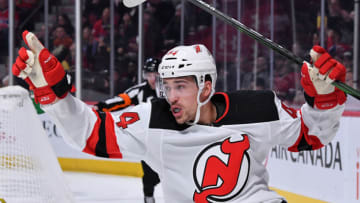 MONTREAL, QC - NOVEMBER 28: Miles Wood #44 of the New Jersey Devils celebrates after scoring a goal against the Montreal Canadiens in the NHL game at the Bell Centre on November 28, 2019 in Montreal, Quebec, Canada. (Photo by Francois Lacasse/NHLI via Getty Images)