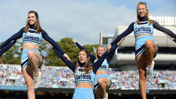 Nov 25, 2016; Chapel Hill, NC, USA; North Carolina Tar Heels cheerleaders perform during the first half against the North Carolina State Wolfpack at Kenan Memorial Stadium. Mandatory Credit: Rob Kinnan-USA TODAY Sports