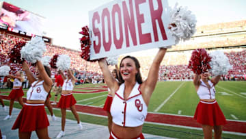 NORMAN, OK - SEPTEMBER 07: Members of the Oklahoma Sooners spirit squad perform before the game against the South Dakota Coyotes at Gaylord Family Oklahoma Memorial Stadium on September 7, 2019 in Norman, Oklahoma. The Oklahoma Sooners defeated the South Dakota Coyotes 70-14. (Photo by Brett Deering/Getty Images)