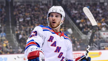 PITTSBURGH, PA - APRIL 06: New York Rangers Winger Connor Brickley (23) reacts after New York Rangers Left Wing Brendan Smith (42) (not pictured) scored a goal during the first period in the NHL game between the Pittsburgh Penguins and the New York Rangers on April 6, 2019, at PPG Paints Arena in Pittsburgh, PA. (Photo by Jeanine Leech/Icon Sportswire via Getty Images)