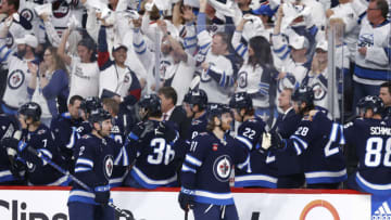 Apr 22, 2023; Winnipeg, Manitoba, CAN; Winnipeg Jets left wing Kyle Connor (81) celebrates his first period goal against the Vegas Golden Knights in game three of the first round of the 2023 Stanley Cup Playoffs at Canada Life Centre. Mandatory Credit: James Carey Lauder-USA TODAY Sports