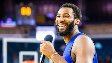 ANN ARBOR, MI - SEPTEMBER 29: Andre Drummond #0 of the Detroit Pistons talks to the crowd during their open practice at Crisler Arena on September 29, 2018 in Ann Arbor, Michigan. NOTE TO USER: User expressly acknowledges and agrees that, by downloading and or using this photograph, User is consenting to the terms and conditions of the Getty Images License Agreement. Mandatory Copyright Notice: Copyright 2018 NBAE (Photo by Chris Schwegler/NBAE via Getty Images)