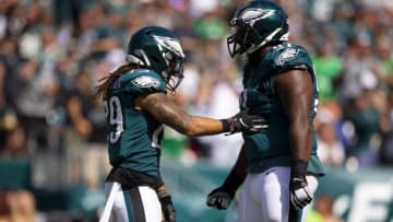 PHILADELPHIA, PA - SEPTEMBER 08: Avonte Maddox #29 and Fletcher Cox #91 of the Philadelphia Eagles react against the Washington Redskins at Lincoln Financial Field on September 8, 2019 in Philadelphia, Pennsylvania. (Photo by Mitchell Leff/Getty Images)