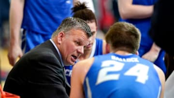 NEW YORK, NEW YORK - MARCH 01: Head Coach Greg McDermott of the Creighton Bluejays speaks with Mitch Ballock #24 during a timeout against the St. John's Red Storm at Carnesecca Arena on March 01, 2020 in New York City. (Photo by Steven Ryan/Getty Images)