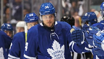 TORONTO, ON - APRIL 21: Auston Matthews #34 of the Toronto Maple Leafs celebrates a goal against the Boston Bruins in Game Six of the Eastern Conference First Round during the 2019 NHL Stanley Cup Playoffs at Scotiabank Arena on April 21, 2019 in Toronto, Ontario, Canada. The Bruins defeated the Maple Leafs 4-2. (Photo by Claus Andersen/Getty Images)