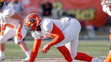 MOBILE, AL - JANUARY 25: Defensive Lineman Alton Robinson #94 from Syracuse of the North Team during the 2020 Resse's Senior Bowl at Ladd-Peebles Stadium on January 25, 2020 in Mobile, Alabama. The North Team defeated the South Team 34 to 17. (Photo by Don Juan Moore/Getty Images)