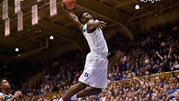 DURHAM, NORTH CAROLINA - NOVEMBER 14: Zion Williamson #1 of the Duke Blue Devils dunks against the Eastern Michigan Eagles during the first half of their game at Cameron Indoor Stadium on November 14, 2018 in Durham, North Carolina. (Photo by Grant Halverson/Getty Images)