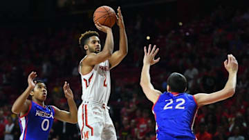 Nov 11, 2016; College Park, MD, USA; Maryland Terrapins guard Melo Trimble (2) shoots as American University Eagles guard Sa