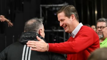 Nebraska Cornhuskers athletic director Trev Alberts greets head football coach Matt Rhule during halftime of the game against the Purdue Boilermakers(Steven Branscombe-USA TODAY Sports)