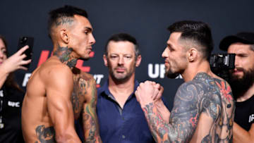 LAS VEGAS, NEVADA - JUNE 25: In this UFC handout, (L-R) Opponents Andre Fili and Daniel Pineda face off during the UFC weigh-in at UFC APEX on June 25, 2021 in Las Vegas, Nevada. (Photo by Chris Unger/Zuffa LLC/Getty Images)