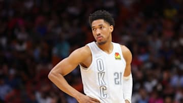 Aaron Wiggins #21 of the Oklahoma City Thunder looks on against the Miami Heat during the second half at FTX Arena on March 18, 2022 in Miami, Florida. (Photo by Michael Reaves/Getty Images)