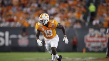 JACKSONVILLE, FL - JANUARY 02: Darrell Taylor #19 of the Tennessee Volunteers in action on defense during the TaxSlayer Gator Bowl against the Indiana Hoosiers at TIAA Bank Field on January 2, 2020 in Jacksonville, Florida. Tennessee defeated Indiana 23-22. (Photo by Joe Robbins/Getty Images)