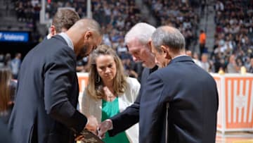 SAN ANTONIO, TX - APRIL 20: The San Antonio Spurs coaches huddle together against the Denver Nuggets during Game Four of Round One of the 2019 NBA Playoffs on April 20, 2019 at the AT&T Center in San Antonio, Texas. NOTE TO USER: User expressly acknowledges and agrees that, by downloading and or using this photograph, user is consenting to the terms and conditions of the Getty Images License Agreement. Mandatory Copyright Notice: Copyright 2019 NBAE (Photos by Mark Sobhani/NBAE via Getty Images)