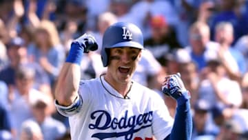 LOS ANGELES, CA - OCTOBER 01: Cody Bellinger #35 of the Los Angeles Dodgers reacts after his two run homerun to take a 2-0 lead in the fourth inning against the Colorado Rockies during the National League West tiebreaker game at Dodger Stadium on October 1, 2018 in Los Angeles, California. (Photo by Harry How/Getty Images)