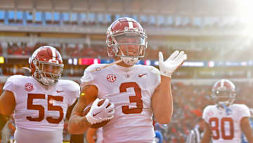 OXFORD, MISSISSIPPI - NOVEMBER 12: Jermaine Burton #3 of the Alabama Crimson Tide celebrates after scoring a touchdown during the first half against the Mississippi Rebels at Vaught-Hemingway Stadium on November 12, 2022 in Oxford, Mississippi. (Photo by Justin Ford/Getty Images)