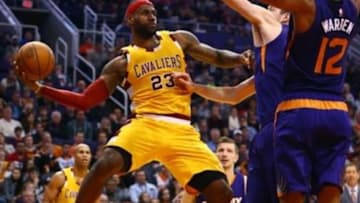 Dec 28, 2015; Phoenix, AZ, USA; Cleveland Cavaliers forward forward LeBron James (23) passes the ball in the second half against the Phoenix Suns at Talking Stick Resort Arena. The Cavaliers defeated the Suns 101-97. Mandatory Credit: Mark J. Rebilas-USA TODAY Sports