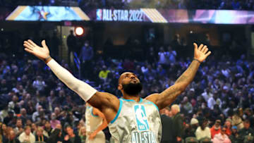 CLEVELAND, OHIO - FEBRUARY 20: LeBron James attends the 2022 NBA All-Star Game at Rocket Mortgage Fieldhouse on February 20, 2022 in Cleveland, Ohio. (Photo by Kevin Mazur/Getty Images)