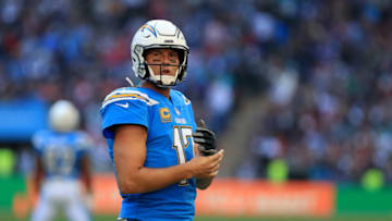 21st October 2018, Wembley Stadium, London, England; NFL in London, game two, Tennessee Titans versus Los Angeles Chargers; Philip Rivers of the Los Angeles Chargers looks towards the bench for a signal (photo by Shaun Brooks/Action Plus via Getty Images)