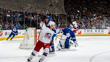 TORONTO, ON - NOVEMBER 19: Cam Atkinson #13 of the Columbus Blue Jackets celebrates his goal during the first period against the Toronto Maple Leafs at the Scotiabank Arena on November 19, 2018 in Toronto, Ontario, Canada. (Photo by Kevin Sousa/NHLI via Getty Images)