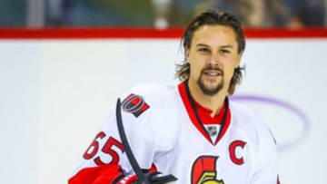 Oct 28, 2016; Calgary, Alberta, CAN; Ottawa Senators defenseman Erik Karlsson (65) during the warmup period against Calgary Flames at Scotiabank Saddledome. Mandatory Credit: Sergei Belski-USA TODAY Sports