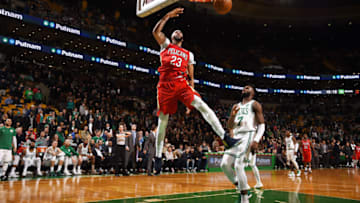 BOSTON, MA - JANUARY 16: Anthony Davis #23 of the New Orleans Pelicans dunks against the Boston Celtics on January 16, 2018 at the TD Garden in Boston, Massachusetts. Anthony Davis (45 points, 16 rebounds) recorded his second consecutive 45-point game to propel the Pelicans to a 116-113 overtime victory over the Celtics. NOTE TO USER: User expressly acknowledges and agrees that, by downloading and or using this photograph, User is consenting to the terms and conditions of the Getty Images License Agreement. Mandatory Copyright Notice: Copyright 2018 NBAE (Photo by Brian Babineau/NBAE via Getty Images)