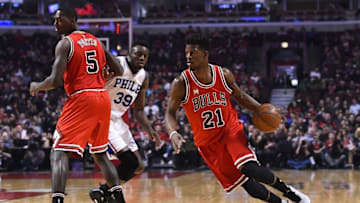 Apr 13, 2016; Chicago, IL, USA; Chicago Bulls guard Jimmy Butler (21) dribbles the ball against the Philadelphia 76ers during the fist quarter at the United Center. Mandatory Credit: Mike DiNovo-USA TODAY Sports