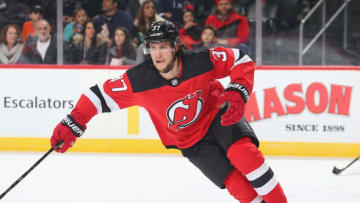 NEWARK, NJ - JANUARY 12: Pavel Zacha #37 of the New Jersey Devils skates against the Philadelphia Flyers during the game at Prudential Center on January 12, 2019 in Newark, New Jersey. (Photo by Andy Marlin/NHLI via Getty Images)