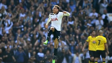 LONDON, ENGLAND - APRIL 08: Dele Alli of Tottenham Hotspur celebrates scoring his sides first goal during the Premier League match between Tottenham Hotspur and Watford at White Hart Lane on April 8, 2017 in London, England. (Photo by Dan Mullan/Getty Images)