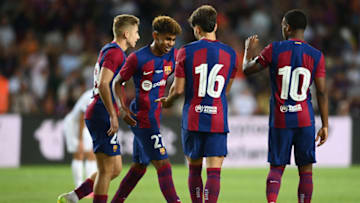 Barcelona's Spanish forward #27 Lamine Yamal (2L) celebrates with teammates at the end of the 58th Joan Gamper Trophy football match between FC Barcelona and Tottenham Hotspur FC at the Estadi Olimpic Lluis Companys in Barcelona on August 8, 2023. (Photo by Pau BARRENA / AFP) (Photo by PAU BARRENA/AFP via Getty Images)