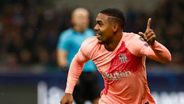 Malcom of Barcelona celebrates his goal during the Group B match of the UEFA Champions League between FC Internazionale and FC Barcelona on November 6, 2018 at San Siro Stadium in Milan, Italy. (Photo by Mike Kireev/NurPhoto via Getty Images)