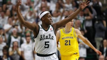 EAST LANSING, MICHIGAN - JANUARY 05: Cassius Winston #5 of the Michigan State Spartans reacts in the second half while playing the Michigan Wolverines at the Breslin Center on January 05, 2020 in East Lansing, Michigan. Michigan State won the game 87-69. (Photo by Gregory Shamus/Getty Images)