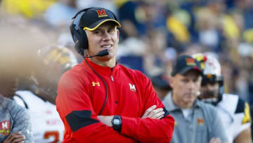Nov 5, 2016; Ann Arbor, MI, USA; Maryland Terrapins head coach DJ Durkin reacts on the sideline in the second half against the Michigan Wolverines at Michigan Stadium. Michigan 59-3. Mandatory Credit: Rick Osentoski-USA TODAY Sports