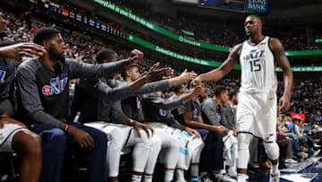 SALT LAKE CITY, UT - NOVEMBER 7: Derrick Favors #15 of the Utah Jazz reacts with the Utah Jazz bench during the game against the Philadelphia 76ers on November 7, 2017 at Vivint.SmartHome Arena in Salt Lake City, Utah. (Photo by Melissa Majchrzak/NBAE via Getty Images)