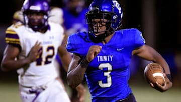 Trinity Christian Academy's Treyaun Webb (3) rushes for yards during the fourth quarter of a regular season football game Friday, Sept. 23, 2022 at Trinity Christian Academy in Jacksonville. Trinity Christian Academy defeated the Columbia Tigers 43-30.Prep Football Gridiron Football High School Football Fhsaa Trinity Christian Academy Columbia High School Tigers Conquerers Lake City Jacksonville Sports