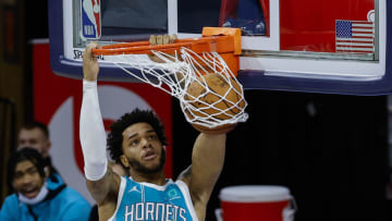 PHILADELPHIA, PENNSYLVANIA - JANUARY 02: Miles Bridges #0 of the Charlotte Hornets dunks during the second quarter against the Philadelphia 76ers at Wells Fargo Center on January 02, 2021 in Philadelphia, Pennsylvania. NOTE TO USER: User expressly acknowledges and agrees that, by downloading and or using this photograph, User is consenting to the terms and conditions of the Getty Images License Agreement. (Photo by Tim Nwachukwu/Getty Images)