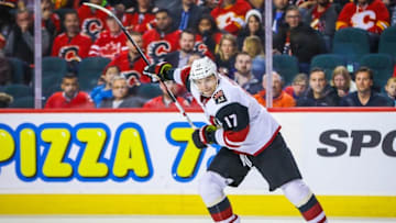 Nov 16, 2016; Calgary, Alberta, CAN; Arizona Coyotes right wing Radim Vrbata (17) shoot the puck against the Calgary Flames during the second period at Scotiabank Saddledome. Mandatory Credit: Sergei Belski-USA TODAY Sports