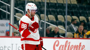 Oct 4, 2023; Pittsburgh, Pennsylvania, USA; Detroit Red Wings center Daniel Sprong (88) reacts after scoring a goal against the Pittsburgh Penguins during the second period at PPG Paints Arena. Mandatory Credit: Charles LeClaire-USA TODAY Sports