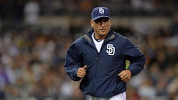 Jun 3, 2015; San Diego, CA, USA; San Diego Padres manager Bud Black (20) jogs back to the dugout during the seventh inning against the New York Mets at Petco Park. Mandatory Credit: Jake Roth-USA TODAY Sports