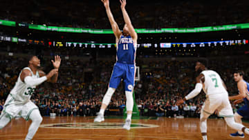 BOSTON, MA - OCTOBER 9: Nik Stauskas #11 of the Philadelphia 76ers shoots the ball against the Boston Celtics during the preseason game on October 9, 2017 at the TD Garden in Boston, Massachusetts. NOTE TO USER: User expressly acknowledges and agrees that, by downloading and or using this photograph, User is consenting to the terms and conditions of the Getty Images License Agreement. Mandatory Copyright Notice: Copyright 2017 NBAE (Photo by Brian Babineau/NBAE via Getty Images)
