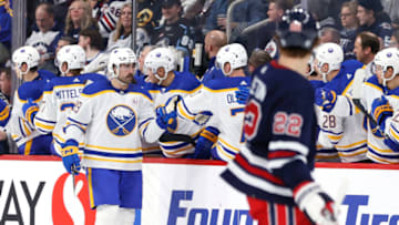 Nov 17, 2023; Winnipeg, Manitoba, CAN; Buffalo Sabres right wing Alex Tuch (89) celebrates his second period gaol against the Winnipeg Jets at Canada Life Centre. Mandatory Credit: James Carey Lauder-USA TODAY Sports