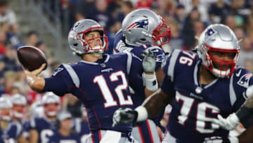 FOXBOROUGH, MA - AUGUST 16: Tom Brady #12 of the New England Patriots throws a pass in the first half against the Philadelphia Eagles during the preseason game at Gillette Stadium on August 16, 2018 in Foxborough, Massachusetts. (Photo by Tim Bradbury/Getty Images)