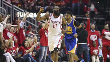 Apr 21, 2016; Houston, TX, USA; Houston Rockets guard James Harden (13) celebrates after making a three point basket during the first quarter against the Golden State Warriors in game three of the first round of the NBA Playoffs at Toyota Center. Mandatory Credit: Troy Taormina-USA TODAY Sports