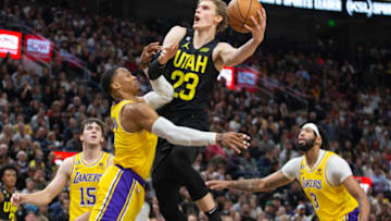 SALT LAKE CITY UT- NOVEMBER 7: Lauri Markkanen #23 of the Utah Jazz drives to the basket against Russell Westbrook #0 of the Los Angeles Lakers during the second half of their game at the Vivint Arena November 7, 2022 in Salt Lake City Utah. NOTE TO USER: User expressly acknowledges and agrees that, by downloading and using this photograph, User is consenting to the terms and conditions of the Getty Images License Agreement (Photo by Chris Gardner/ Getty Images)