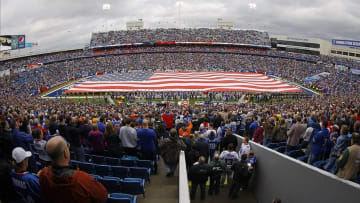 Nov 17, 2013; Orchard Park, NY, USA; The American Flag on the field before a gam,e between the Buffalo Bills and the New York Jets at Ralph Wilson Stadium. Mandatory Credit: Timothy T. Ludwig-USA TODAY Sports