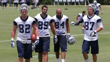 Jun 17, 2014; Dallas, TX, USA; Dallas Cowboys tight ends Jason Witten (82) Gavin Escobar (89) James Hanna (84) and Jordan Najvar (87) during minicamp at Cowboys headquarters at Valley Ranch. Mandatory Credit: Matthew Emmons-USA TODAY Sports