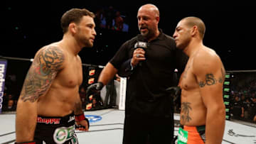 AUSTIN, TX - NOVEMBER 22: (L-R) Opponents Frankie Edgar and Cub Swanson face off before their featherweight bout during the UFC Fight Night event at The Frank Erwin Center on November 22, 2014 in Austin, Texas. (Photo by Josh Hedges/Zuffa LLC/Zuffa LLC via Getty Images)