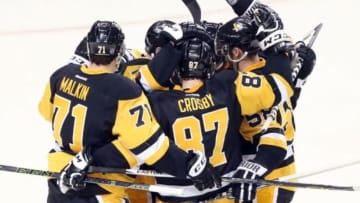 Jan 2, 2016; Pittsburgh, PA, USA; the Pittsburgh Penguins celebrate a power play goal by Pittsburgh Penguins center Sidney Crosby (87) against the New York Islanders during the second period at the CONSOL Energy Center. Mandatory Credit: Charles LeClaire-USA TODAY Sports